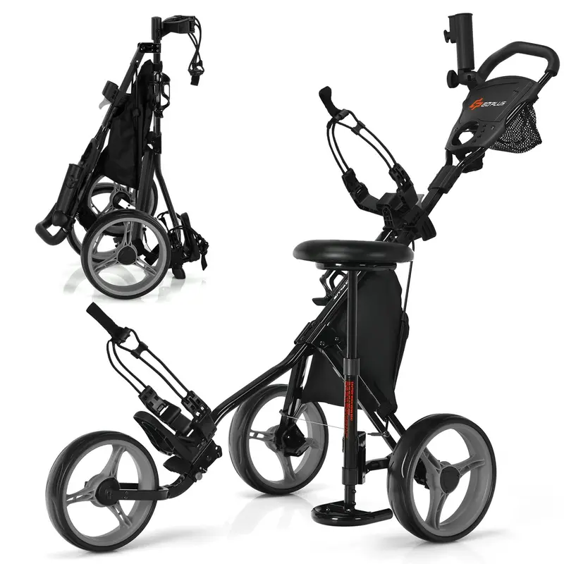 Three-Wheel Golf Push Cart – Compact Foldable Caddy with Adjustable Seat & Smooth Rolling Wheels