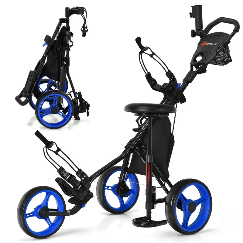 Three-Wheel Golf Push Cart – Compact Foldable Caddy with Adjustable Seat & Smooth Rolling Wheels