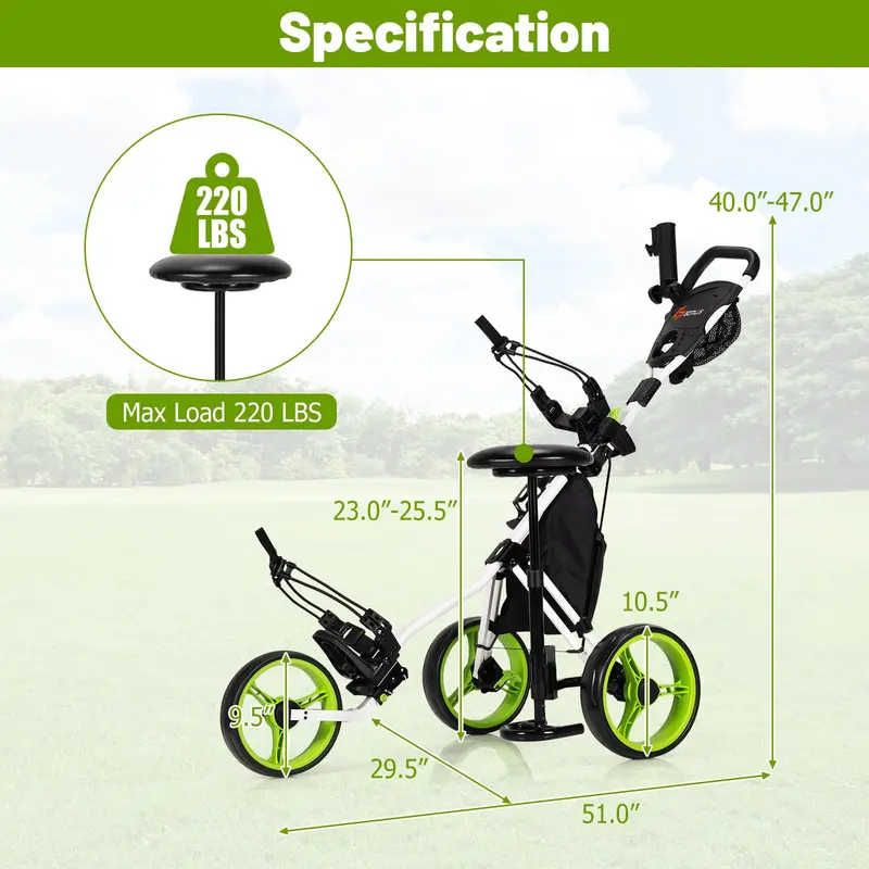 Three-Wheel Golf Push Cart – Compact Foldable Caddy with Adjustable Seat & Smooth Rolling Wheels