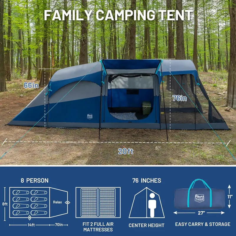 TIMBER RIDGE 8-Person Waterproof Tunnel Tent – Double-Layer Family Camping Shelter