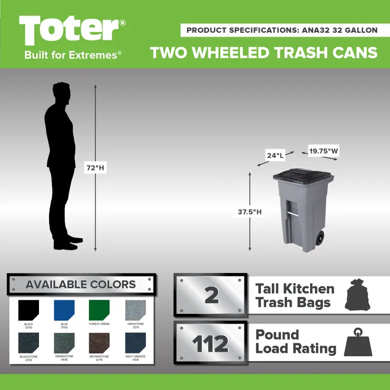 Toter 32-Gallon Greenstone Trash Can – Heavy-Duty Indoor/Outdoor Bin with Quiet Wheels, Hinged Lid, and Weather-Resistant Build