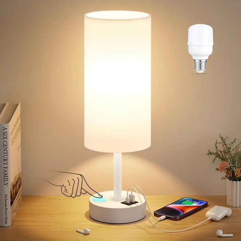 Touch-Control Bedside Lamp – USB-Enabled Wooden Base, 3-Step Dimming & Built-in LED