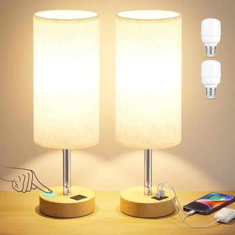 Touch-Control Bedside Lamp – USB-Enabled Wooden Base, 3-Step Dimming & Built-in LED
