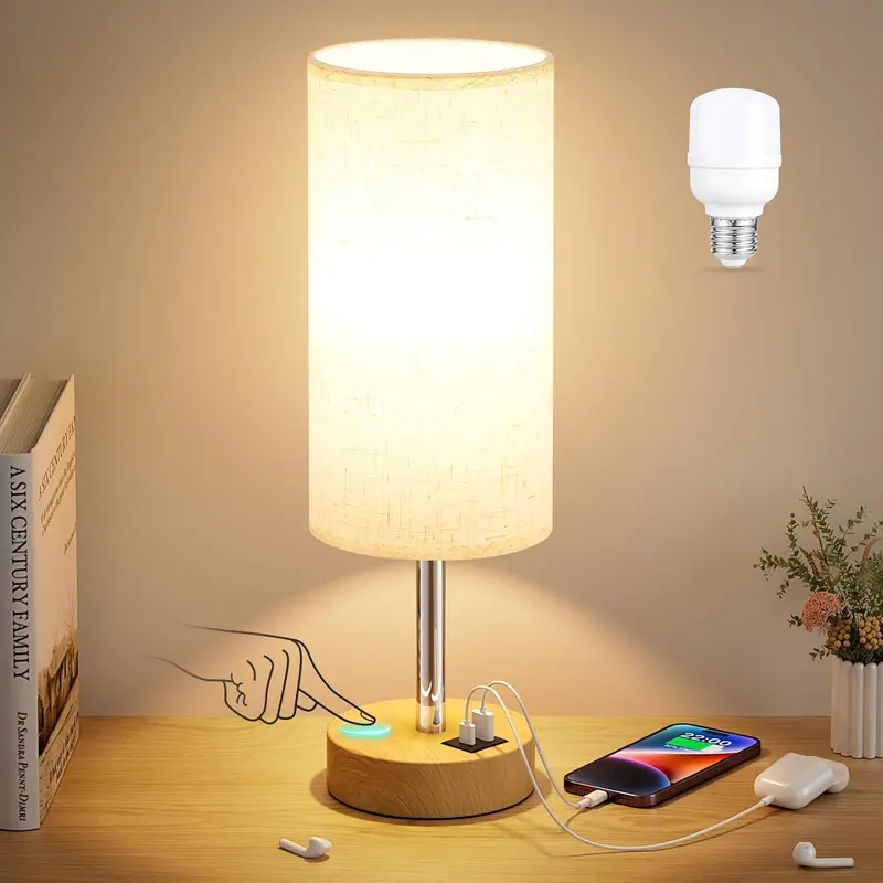 Touch-Control Bedside Lamp – USB-Enabled Wooden Base, 3-Step Dimming & Built-in LED