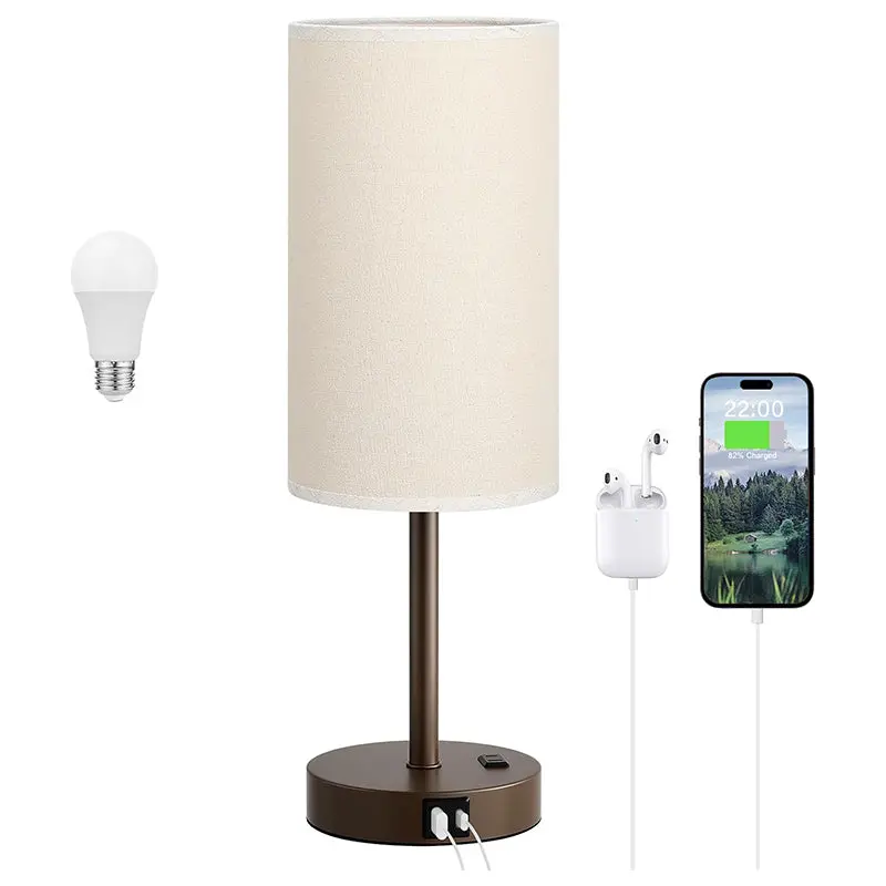 Touch-Control Bedside Lamp – USB-Enabled Wooden Base, 3-Step Dimming & Built-in LED
