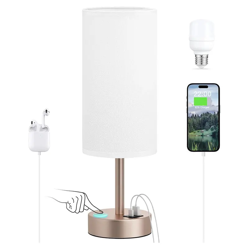Touch-Control Bedside Lamp – USB-Enabled Wooden Base, 3-Step Dimming & Built-in LED