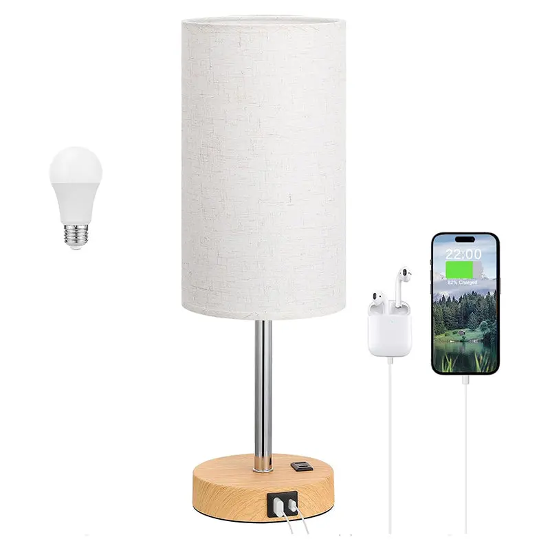Touch-Control Bedside Lamp – USB-Enabled Wooden Base, 3-Step Dimming & Built-in LED