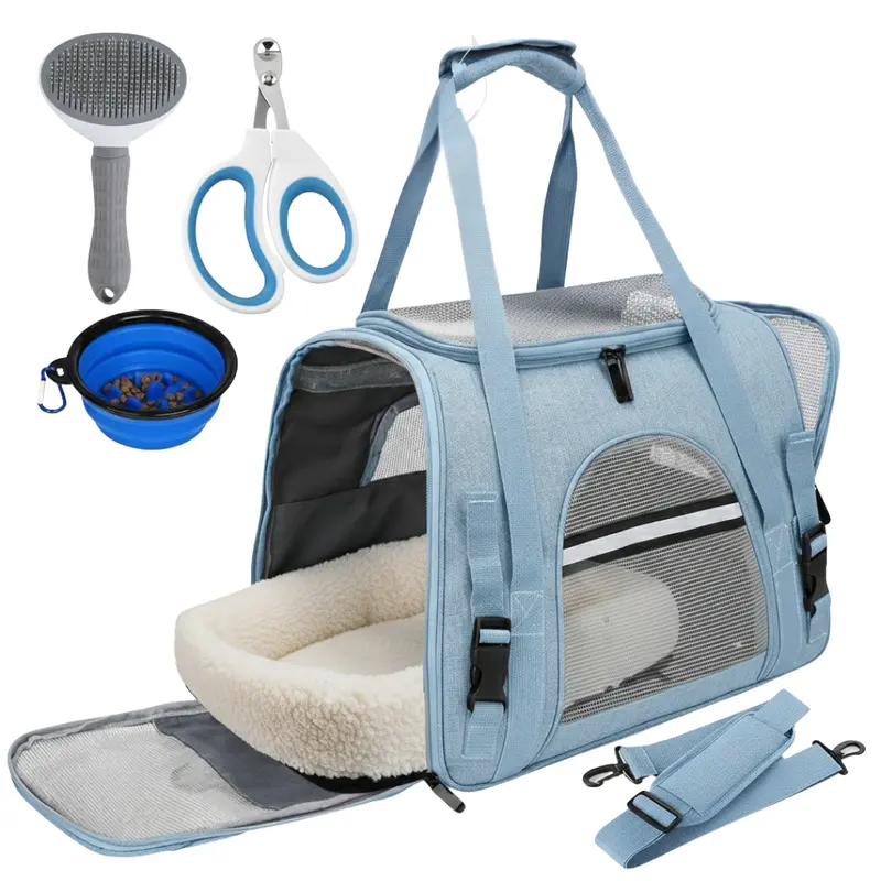 Travel-Ready Soft Pet Carrier with Mesh Ventilation & Accessory Kit