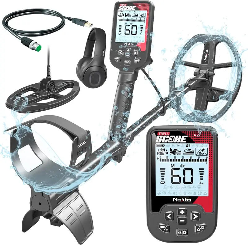 Triple Score PRO Pack Metal Detector – Fully Submersible, Rechargeable, Multi-Frequency Treasure Hunting Tool for Adults