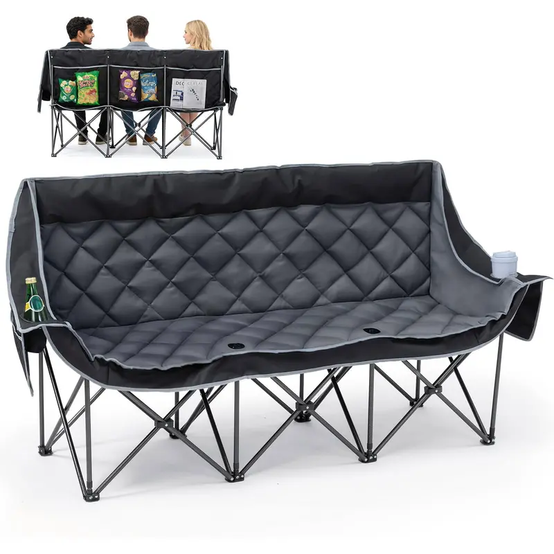 Triple-Seat Oversized Camping Loveseat – Folding 3-Person Padded Chair with Cup Holders & Carry Bag