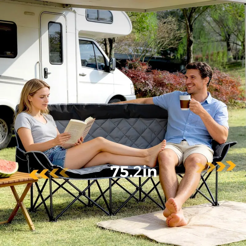 Triple-Seat Oversized Camping Loveseat – Folding 3-Person Padded Chair with Cup Holders & Carry Bag 2