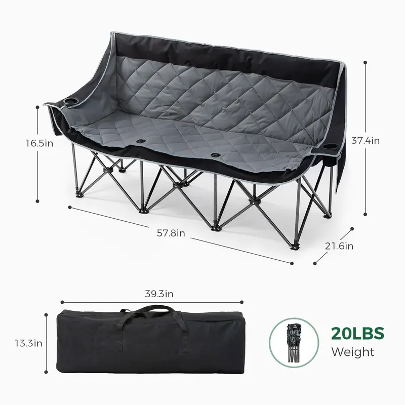 Triple-Seat Oversized Camping Loveseat – Folding 3-Person Padded Chair with Cup Holders & Carry Bag
