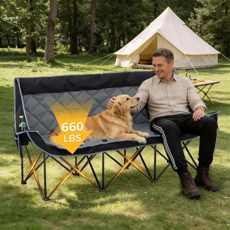 Triple-Seat Oversized Camping Loveseat – Folding 3-Person Padded Chair with Cup Holders & Carry Bag