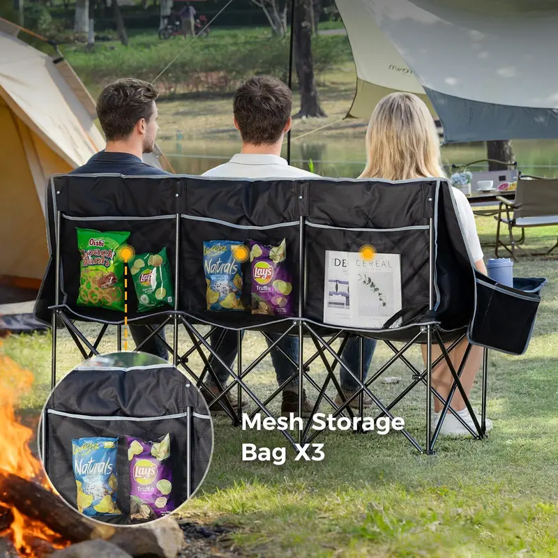 Triple-Seat Oversized Camping Loveseat – Folding 3-Person Padded Chair with Cup Holders & Carry Bag