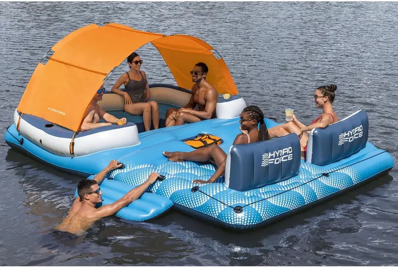 Tropical Breeze 6-Person Inflatable Floating Island – Includes Detachable Sunshade, Insulated Cooler Bag, and Comfort-Optimized Design 2