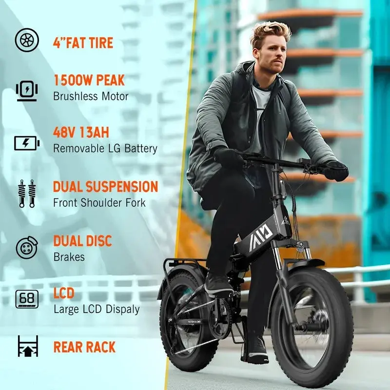 TST Foldable 4.0 Fat-Tire Electric Bike – 48V 13Ah Battery, 750W Motor, LCD Display, One-Step Folding
