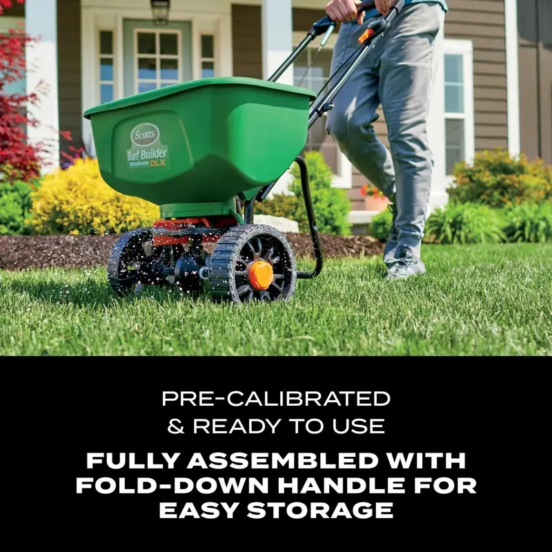 Turf Builder EdgeGuard DLX Broadcast Spreader – Covers Up to 15,000 Sq. Ft., Precision Calibration & Ergonomic Grip