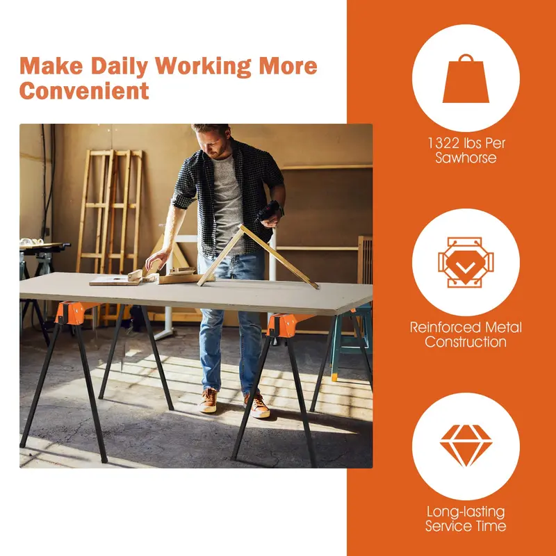 Twin Folding Sawhorses – Heavy-Duty 2x4 Support with 1322 LB Total Capacity