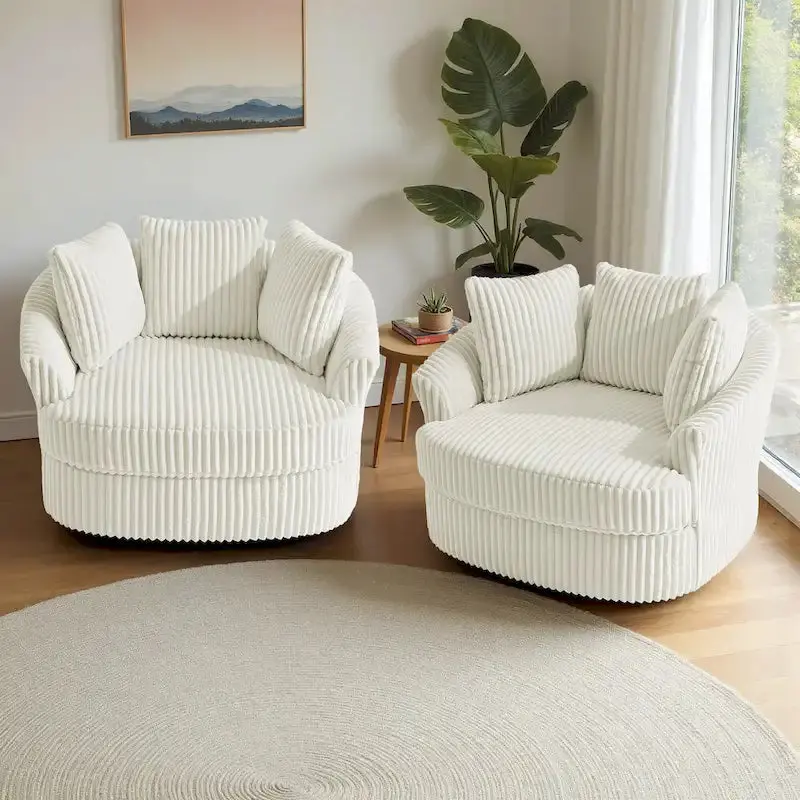 Two Oversized Corduroy Swivel Barrel Chairs (43"W) with Matching Pillows