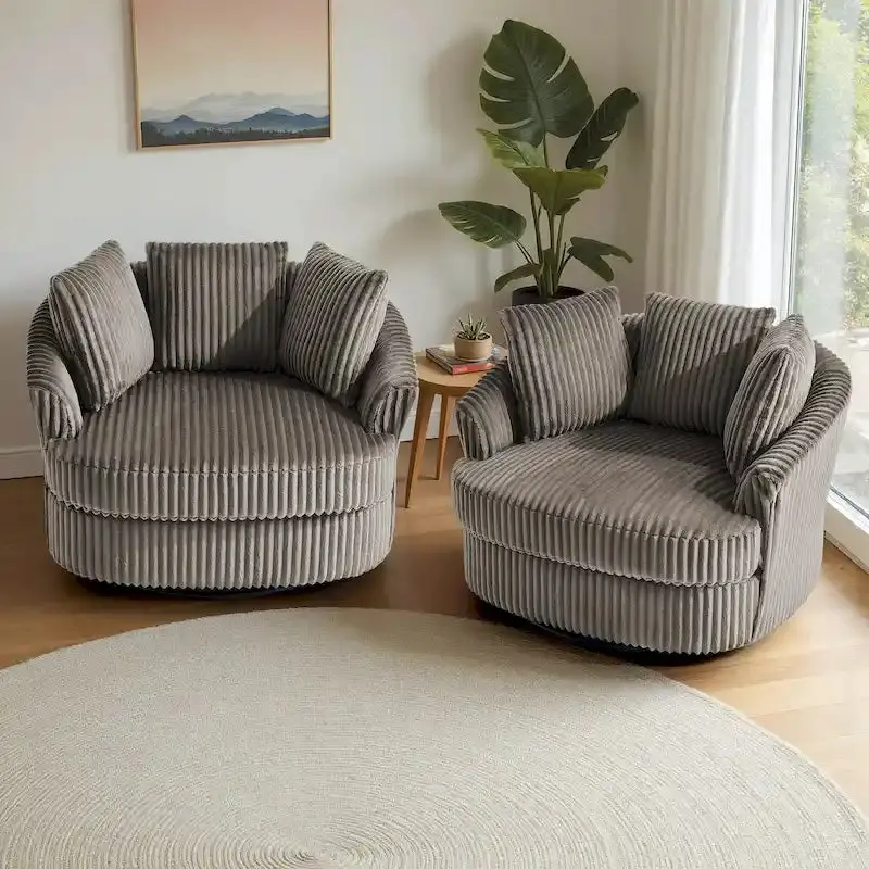 Two Oversized Corduroy Swivel Barrel Chairs (43"W) with Matching Pillows 2