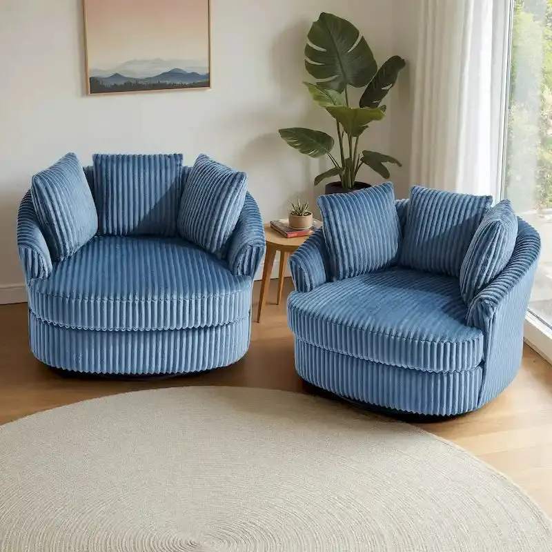 Two Oversized Corduroy Swivel Barrel Chairs (43"W) with Matching Pillows