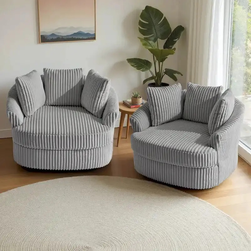 Two Oversized Corduroy Swivel Barrel Chairs (43"W) with Matching Pillows