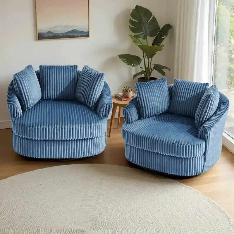 Two Oversized Corduroy Swivel Barrel Chairs (43"W) with Matching Pillows