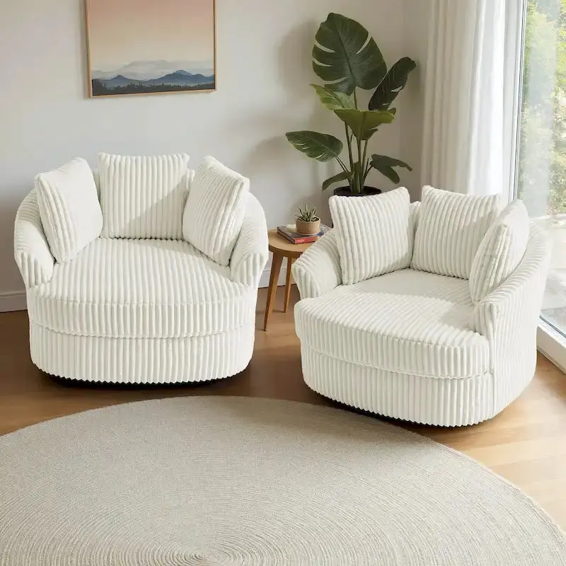 Two Oversized Corduroy Swivel Barrel Chairs (43"W) with Matching Pillows