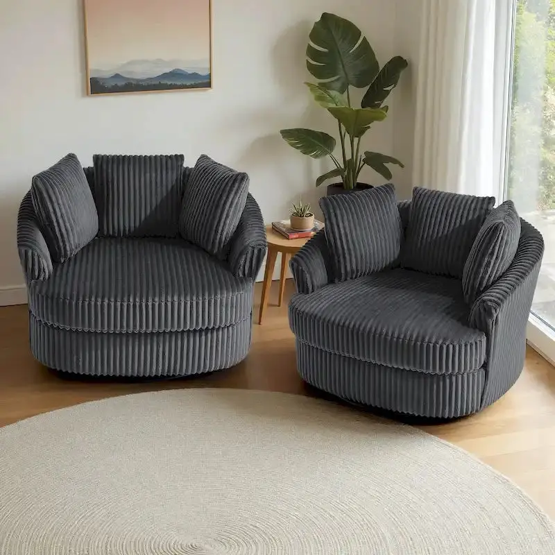 Two Oversized Corduroy Swivel Barrel Chairs (43"W) with Matching Pillows