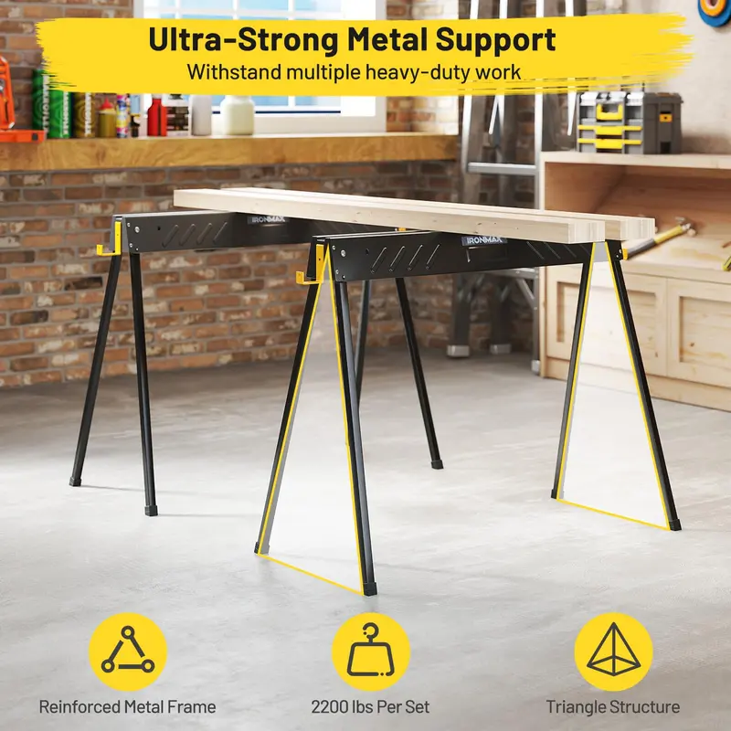 Two-Pack Folding Sawhorses – 2200-LB Load Rating with Reinforced 2x4 Brackets