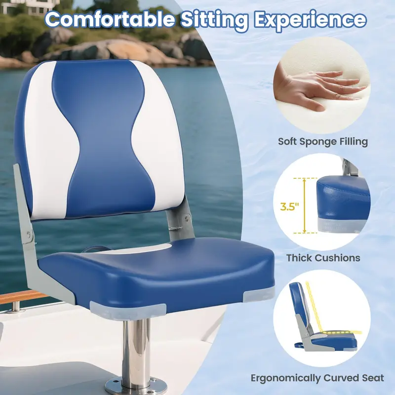 Two-Pack Marine-Grade Boat Seats with High-Density Foam Padding and Wavy Blue Upholstery