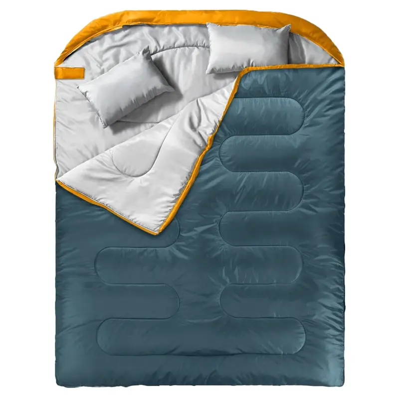 Two-Person Double Sleeping Bag with Integrated Pillows and Compression Storage Sack