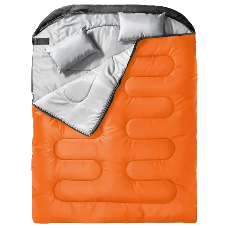 Two-Person Double Sleeping Bag with Integrated Pillows and Compression Storage Sack