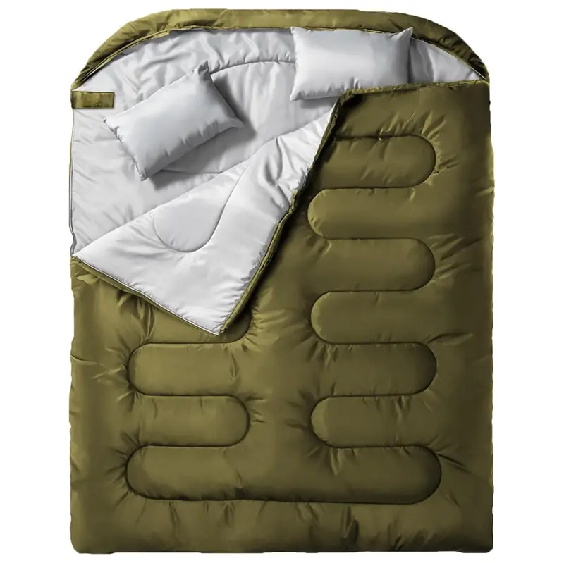 Two-Person Double Sleeping Bag with Integrated Pillows and Compression Storage Sack