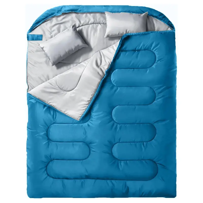 Two-Person Double Sleeping Bag with Integrated Pillows and Compression Storage Sack