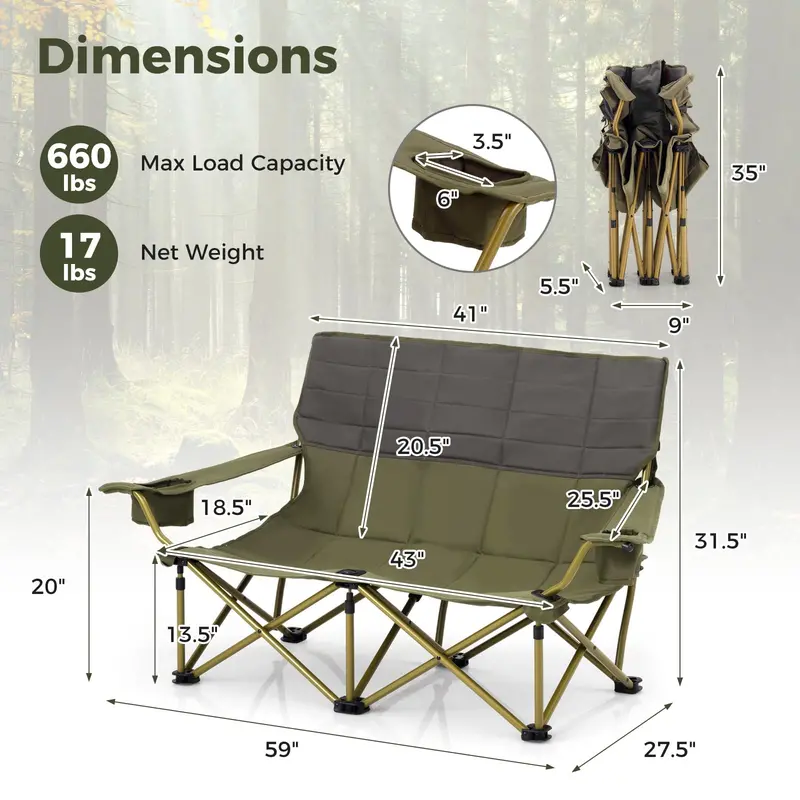 Two-Person Folding Loveseat Camping Chair for Backyard and Campsite Use