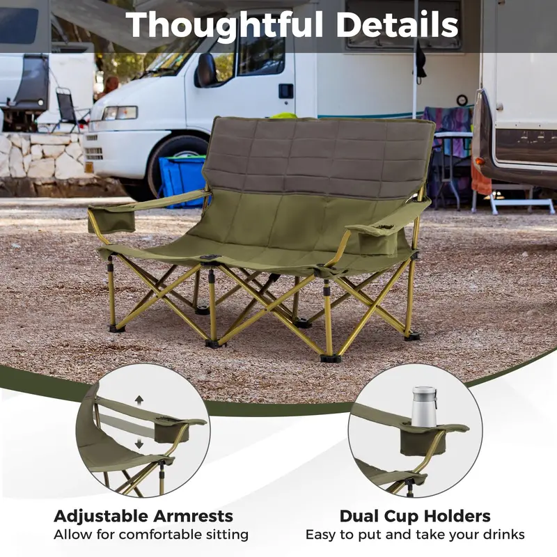 Two-Person Folding Loveseat Camping Chair for Backyard and Campsite Use