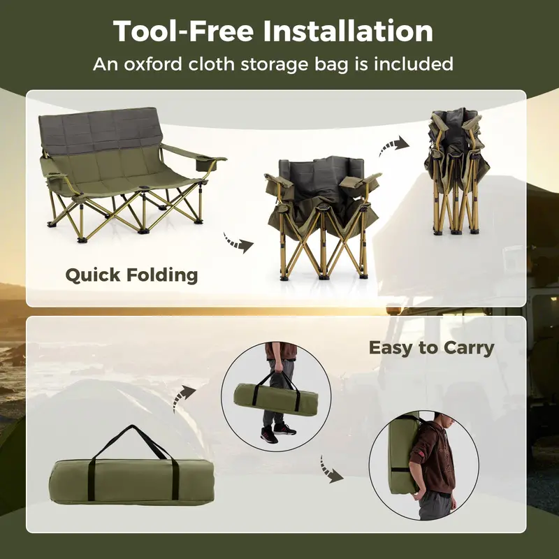Two-Person Folding Loveseat Camping Chair for Backyard and Campsite Use