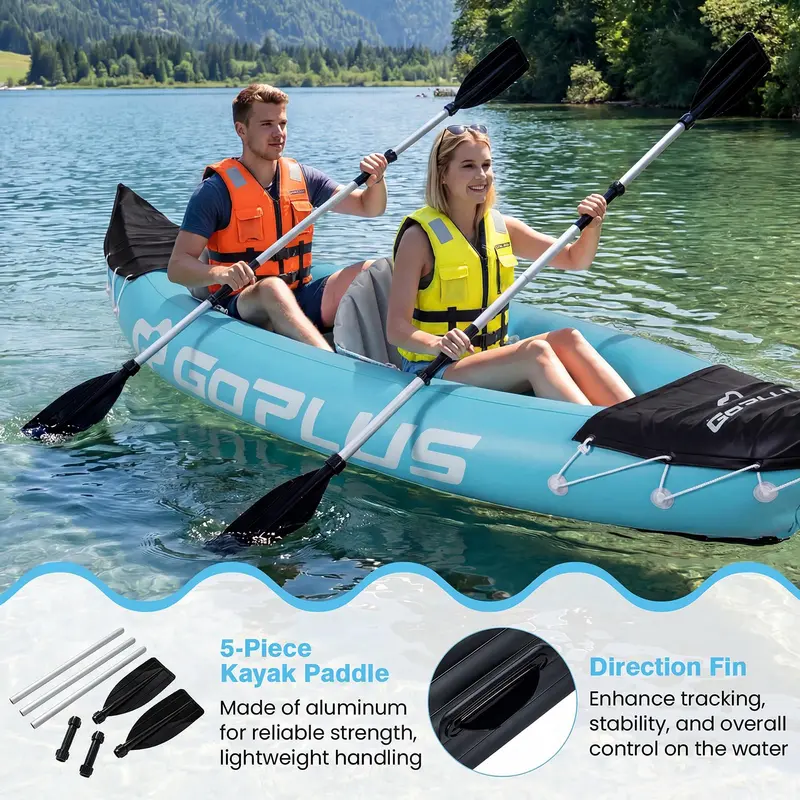 Two-Person Inflatable Kayak – 10.5-Foot with Aluminum Paddles, Stabilizing Fin, Adjustable Seats & Hand Pump