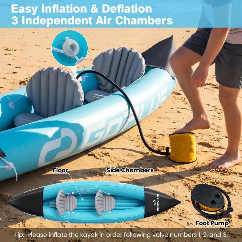 Two-Person Inflatable Kayak – 10.5-Foot with Aluminum Paddles, Stabilizing Fin, Adjustable Seats & Hand Pump