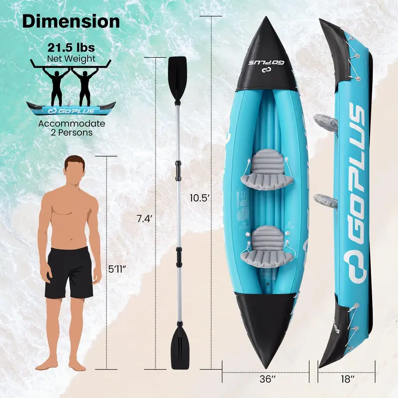 Two-Person Inflatable Kayak – 10.5-Foot with Aluminum Paddles, Stabilizing Fin, Adjustable Seats & Hand Pump