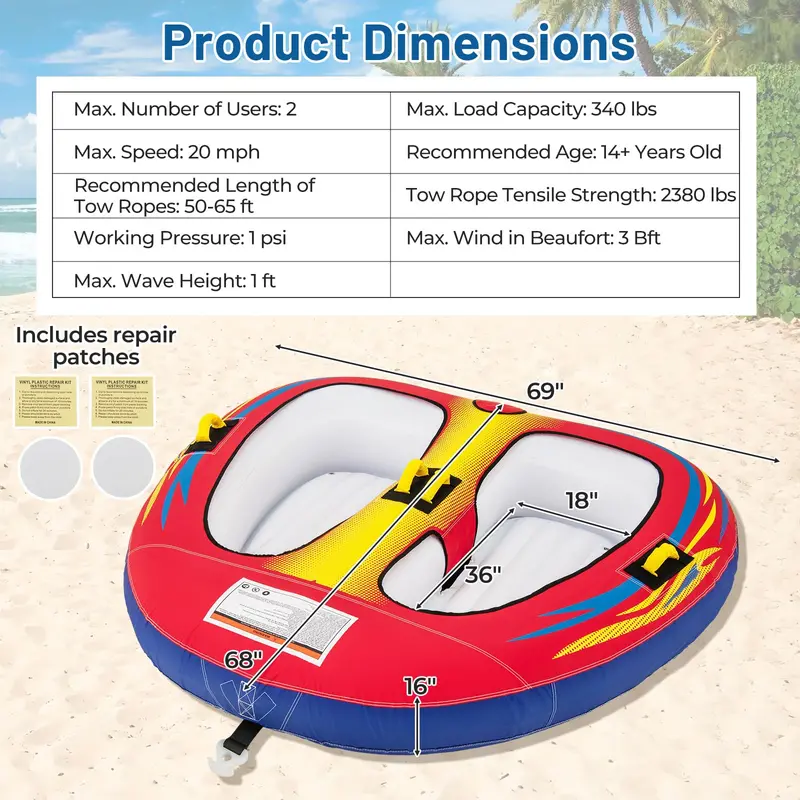 Two-Person Towable Inflatable Water Tube – Durable Raft for Boating, Floating, and Recreational Water Sports