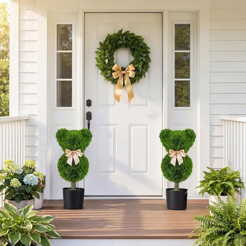 Two-Piece Bear-Shaped Topiary Set with Pots — 24.5-Inch Decorative Faux Shrubs 2