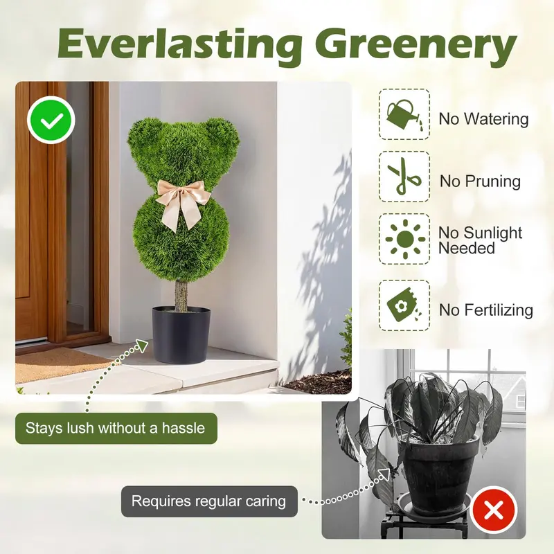 Two-Piece Bear-Shaped Topiary Set with Pots — 24.5-Inch Decorative Faux Shrubs