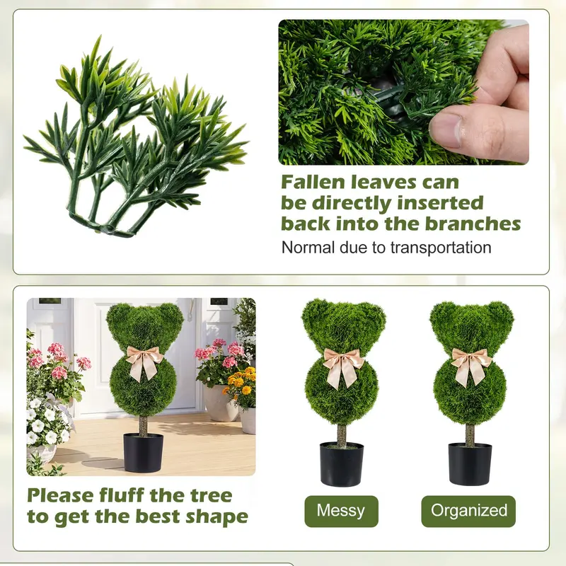 Two-Piece Bear-Shaped Topiary Set with Pots — 24.5-Inch Decorative Faux Shrubs