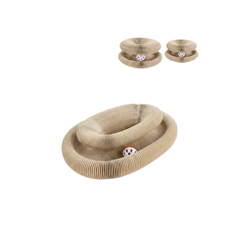 Two-Piece Corrugated Cardboard Cat Scratcher – Accordion Design with Attached Ball