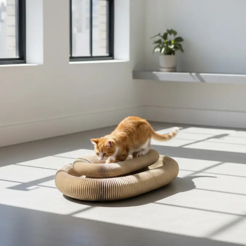 Two-Piece Corrugated Cardboard Cat Scratcher – Accordion Design with Attached Ball