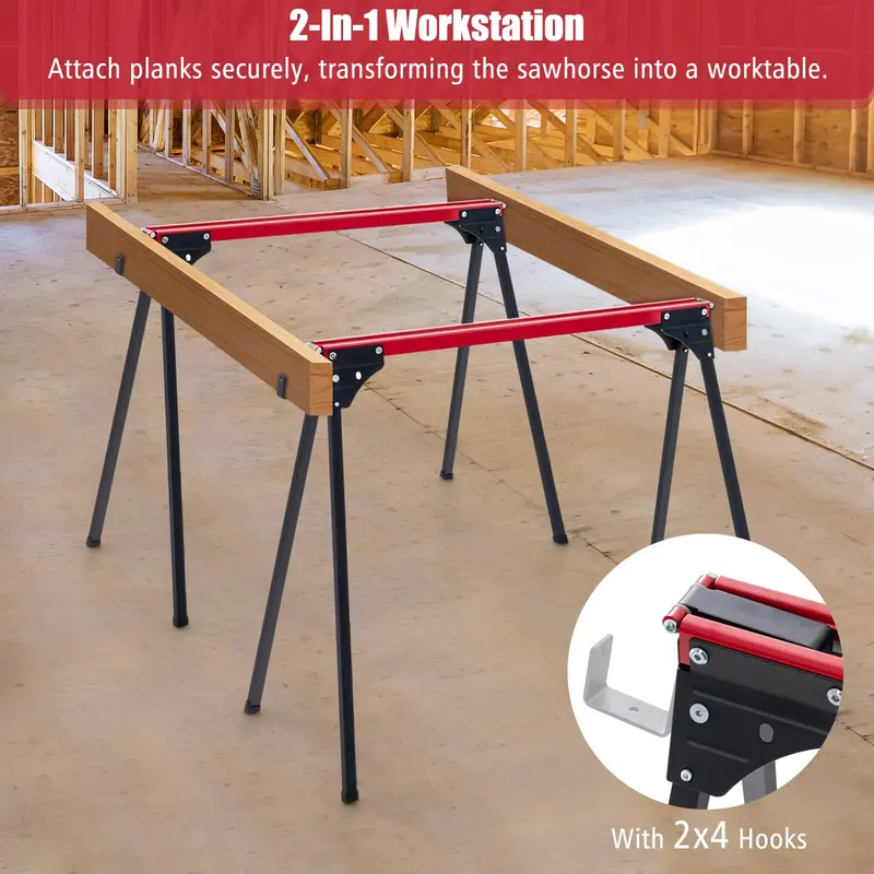 Two-Piece Folding Sawhorse Set for DIY Projects, Carpentry & On-Site Support