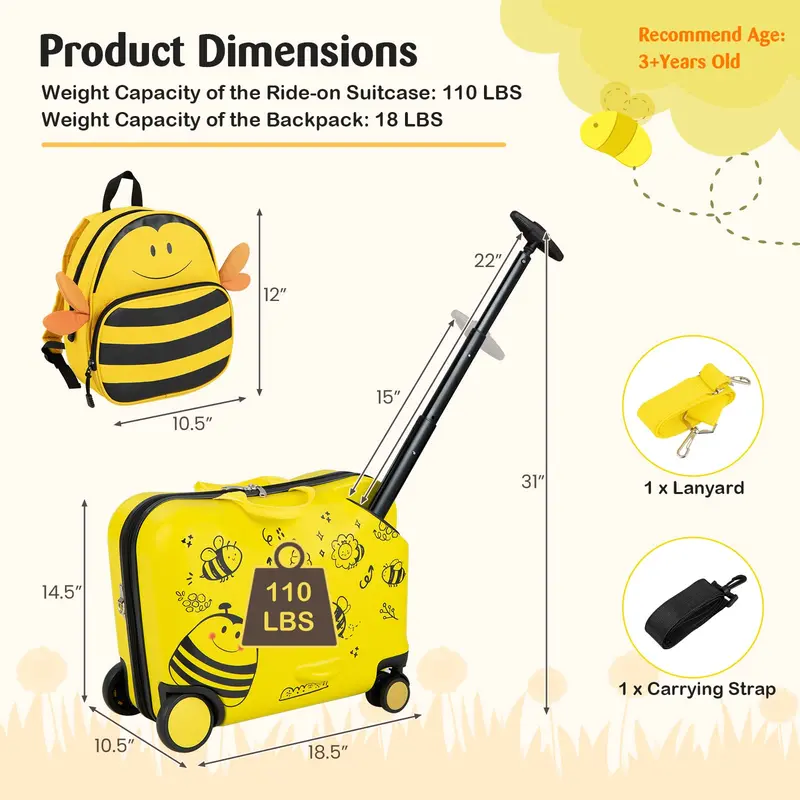 Two-Piece Kids’ Luggage Set – 18" Carry-On + Ride-On Suitcase with 360° Spinner Wheels