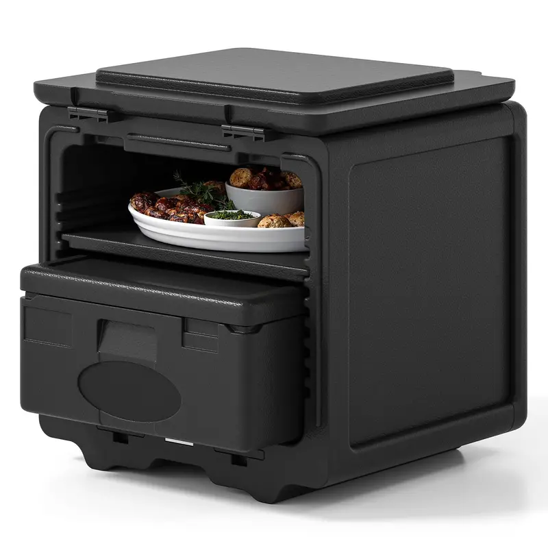 Two-Tier Insulated Food Pan Transporter with Removable Tray and Stackable Design
